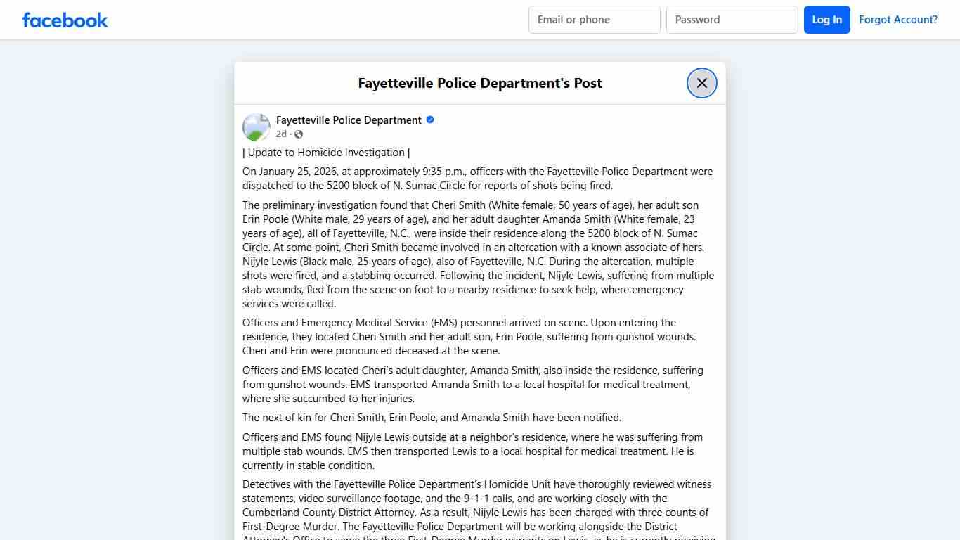 | Update to Homicide... - Fayetteville Police Department Facebook